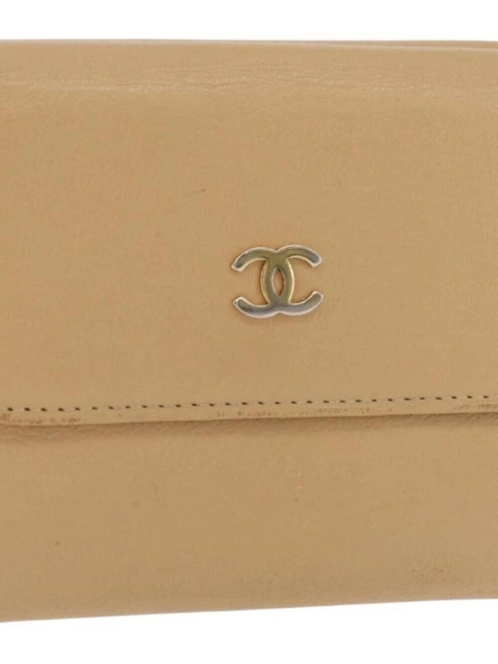 CHANEL Trifold Wallet Leather Beige Gold CC Auth BA12653